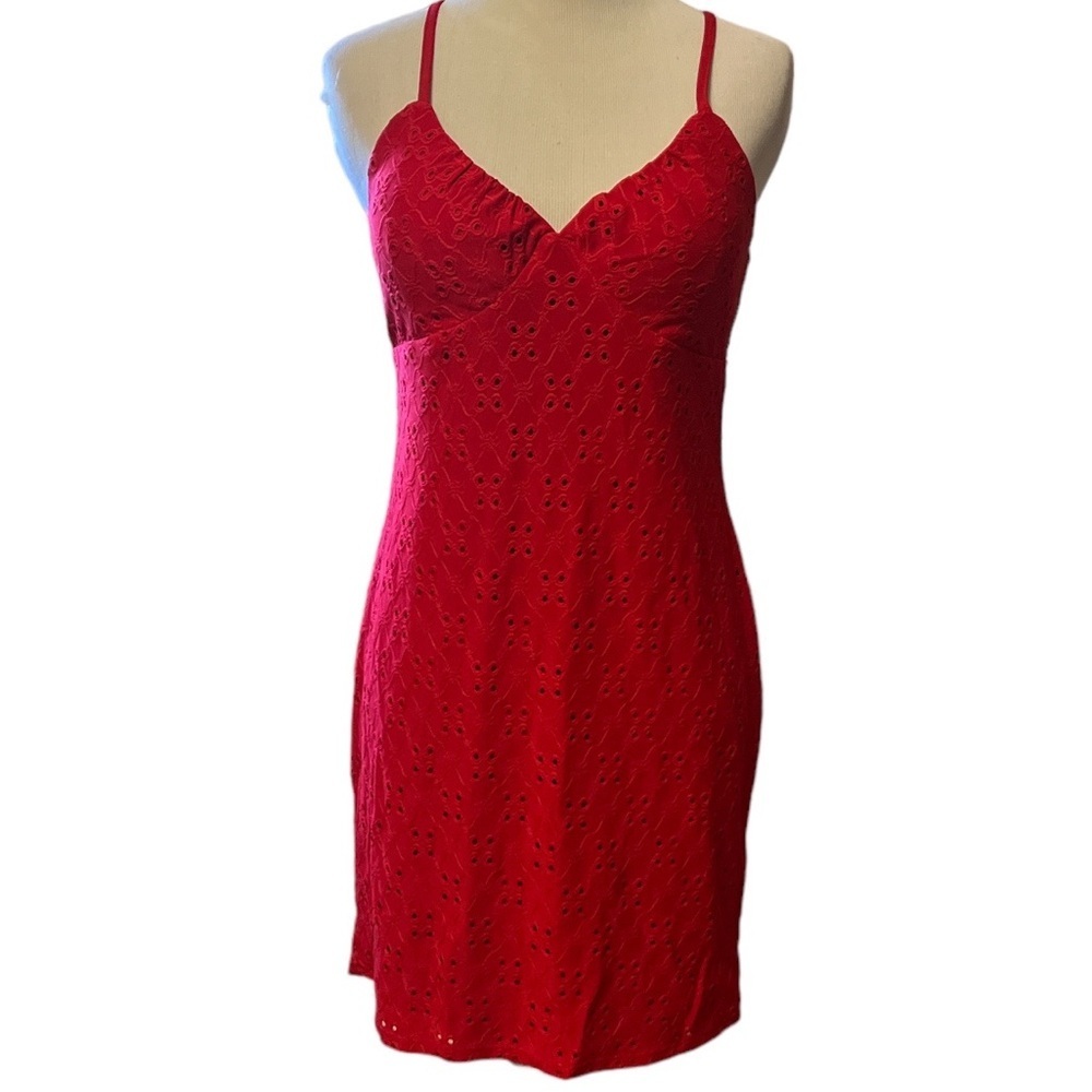 Red fully lined eyelet dress with camisole adjustable straps, new